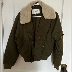 American Eagle Olive Green Bomber Jacket with Shearling Collar